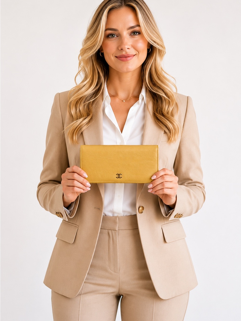 CHANEL Mustard Yellow Leather CC Logo Continental Wallet